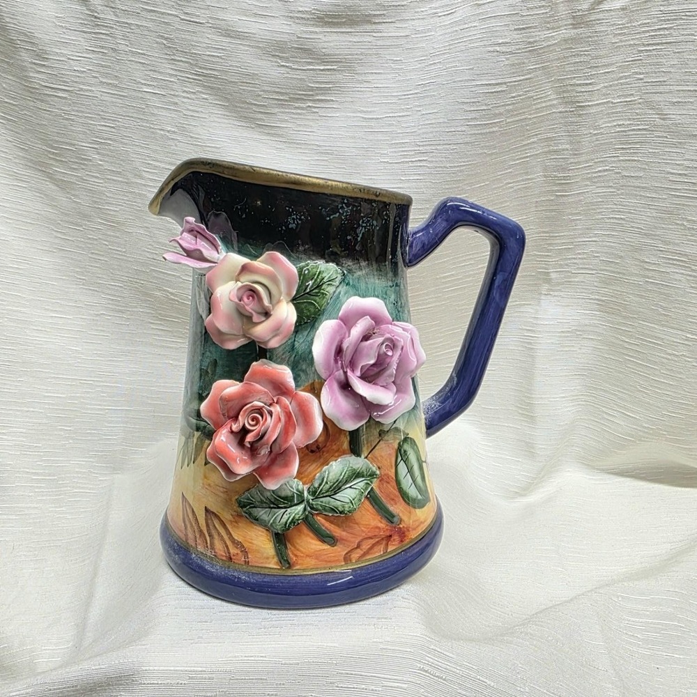 Vintage Italian Ceramic Pitcher Majolica Roses 12" Large Floral Relief Vase Jug